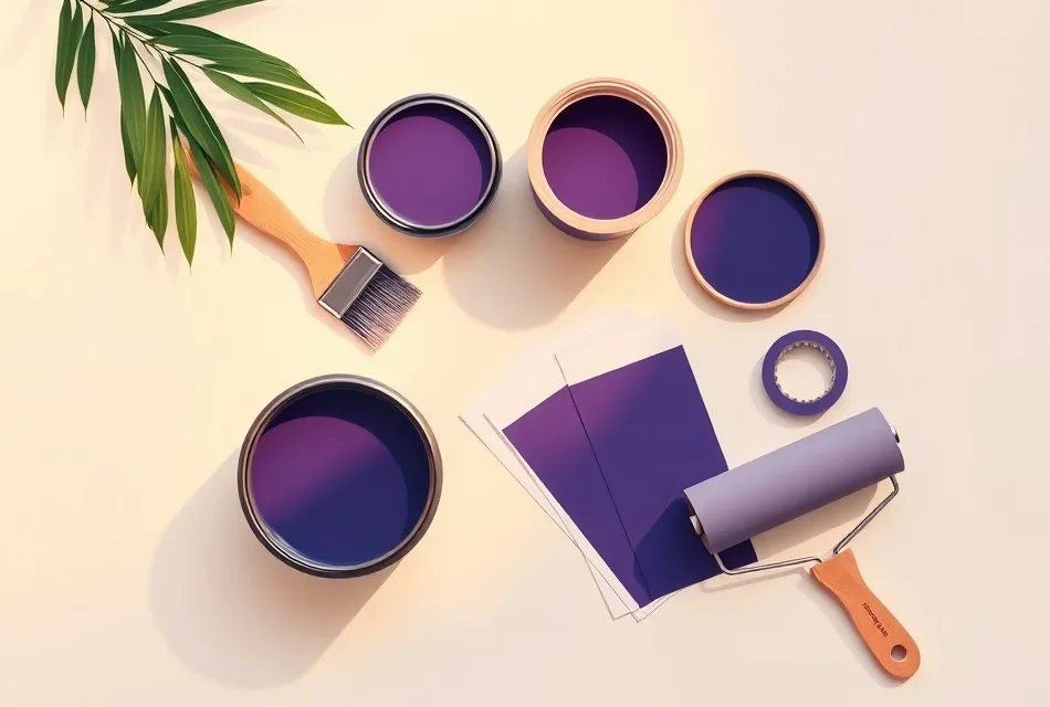 Pots de peinture, nuancier, brosses et rouleaux disposés à plat