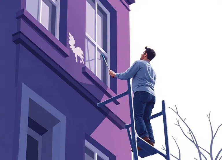 Peintre sur échafaudage traitant la façade d'une maison