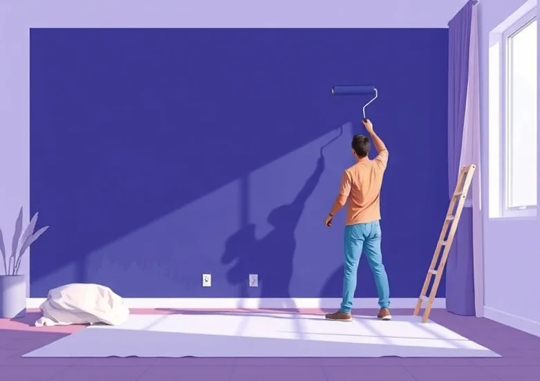 Peintre appliquant la peinture au rouleau sur un mur de salon
